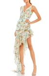 Mac Duggal Floral Print Asymmetrical Hem Ruched Dress In Blue Floral