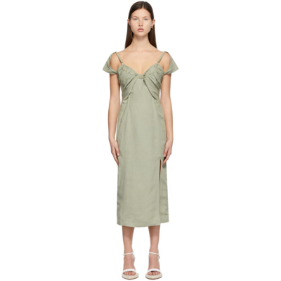 Jacquemus Tovallo Ruched-front Linen-blend Midi Dress In Green