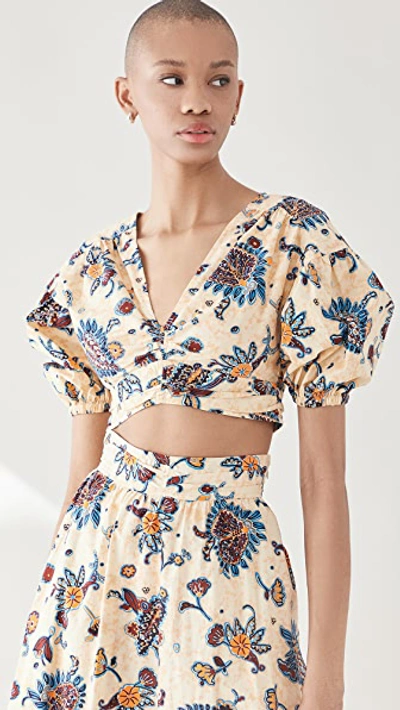 A.l.c Rylan Floral Puff-sleeve Cropped Top In Yellow/blue