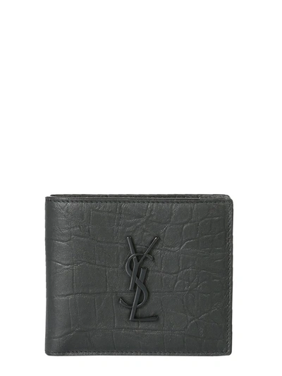 Saint Laurent Ysl-plaque Croc-effect Leather Bi-fold Wallet In Black