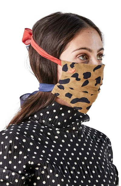 Clare V Bowie Adult Print Pleated Tie Strap Cotton Face Mask In Camel W/ Black Jaguar