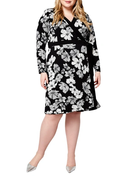 Leota Kara Long Sleeve Faux Wrap Dress In Field Floral Black