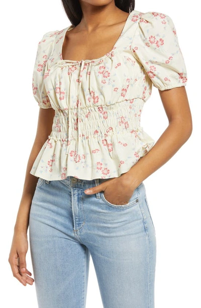Wayf Lucian Floral Smocked Waist Top In Ivory Whisper Floral