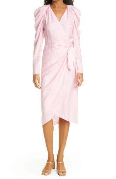 Les Rêveries Floral Satin Jacquard Long Sleeve Wrap Dress In Rose Pink Jaquard