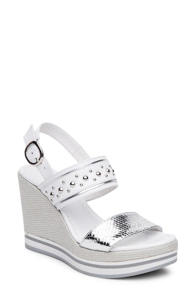 Nerogiardini Bicolor Leather Platform Wedge Sandals In White/ Silver