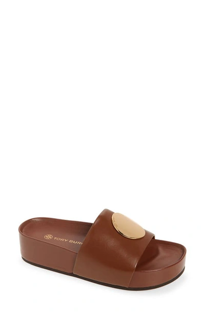 Tory Burch Patos Leather Platform Slide Sandals In Burnt Cuoio