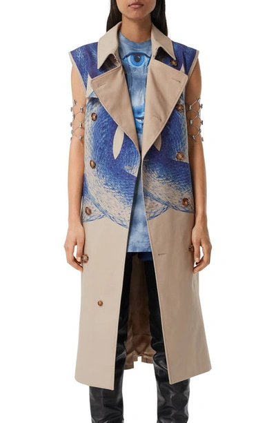 Burberry Mermaid-print Belted Sleeveless Trench Coat In Beige