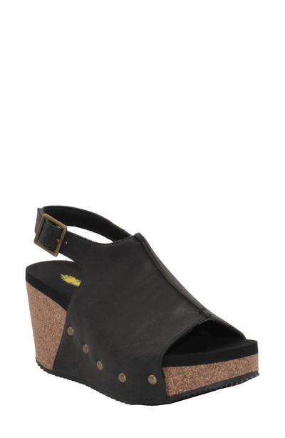 Volatile Division Platform Wedge Sandal In Black Faux Leather