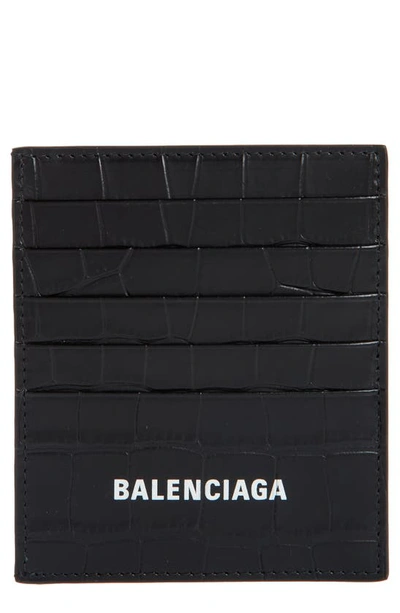 Balenciaga Cash Logo Vertical Croc Embossed Leather Card Holder In Black/ White