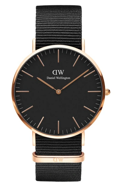 Daniel Wellington Classic Cornwall Nato Strap Watch, 40mm In Rose Gold/ Black