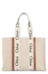 Chloé Large Woody Logo Strap Canvas Tote In White-brown