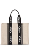 Chloé Large Woody Logo Strap Canvas Tote In Beige/ Black