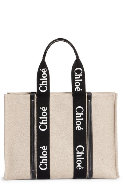 Chloé Large Woody Logo Strap Canvas Tote In Beige/ Black