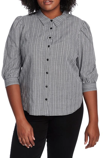 Court & Rowe Embroidered Gingham Cotton Button Up Blouse In Rich Black