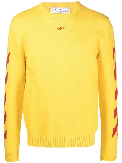 Off-white Diagonal Knit Crew Neck Jumper In Yellow