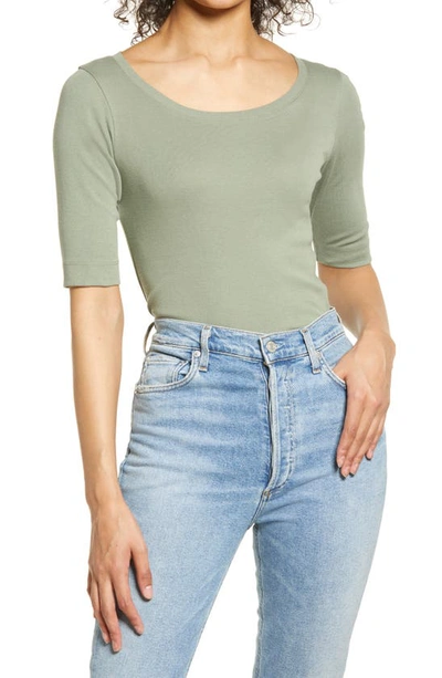 Caslonr Caslon Ballet Neck Cotton & Modal Knit Elbow Sleeve Tee In Green Dune