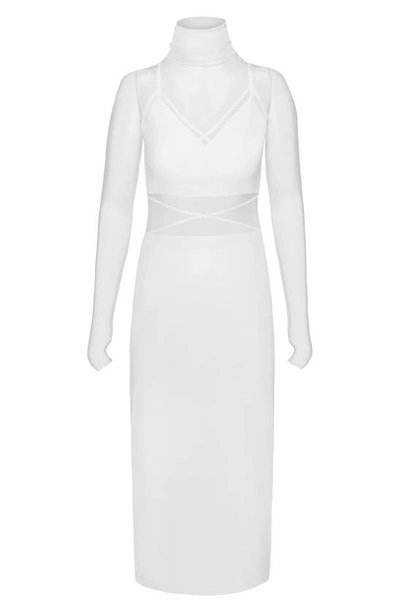 Afrm Long Sleeve Mesh Body-con Dress In Soft Blanc