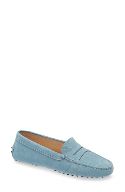 Tod's Loofer In Blue Suede Bottom Grommets In Green