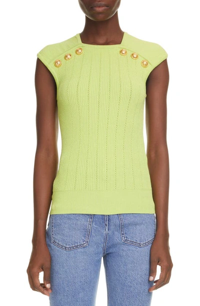 Balmain Button Pointelle Knit Top In Green