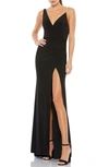 Mac Duggal Faux Wrap Rhinestone Strap Gown In Black