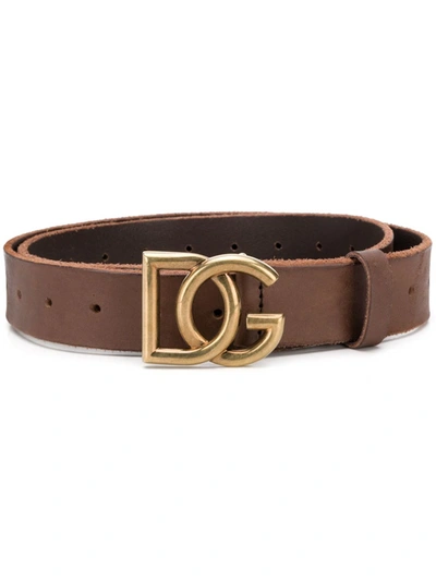 Dolce & Gabbana Split-grain Leather Belt With Crossover Dg Logo In Brown
