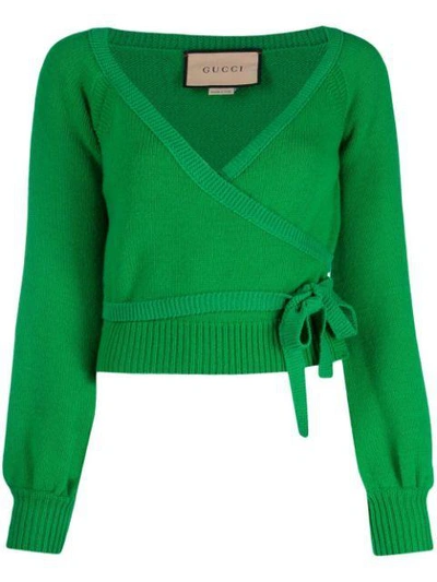 Gucci Green Wool Tie V-neck Sweater In 3280 Emergrn