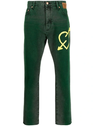 Palm Angels Heart Print Straight-leg Jeans In Green