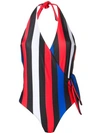 Msgm Halterneck Striped One-piece Swimsuit In Honey