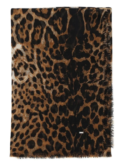 Saint Laurent Leopard Silk Scarf In Brown