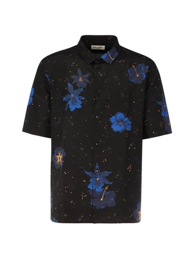 Saint Laurent Confetti Hibiscus Short Sleeve Silk Button-up Shirt In Multi-colour