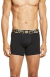 Versace Iconic Slim-fit Branded Stretch-cotton Trunks In Black