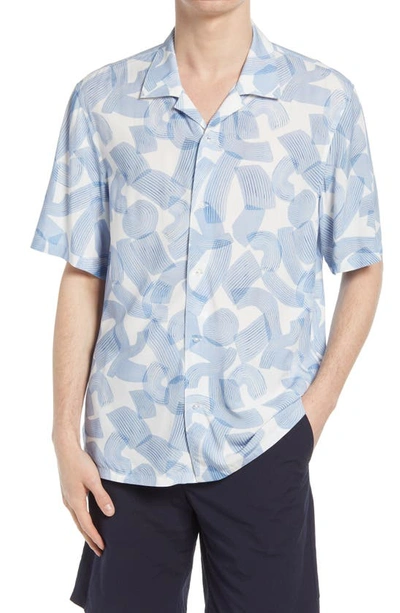 Club Monaco Brush Print Short Sleeve Button-up Camp Shirt In White/blue