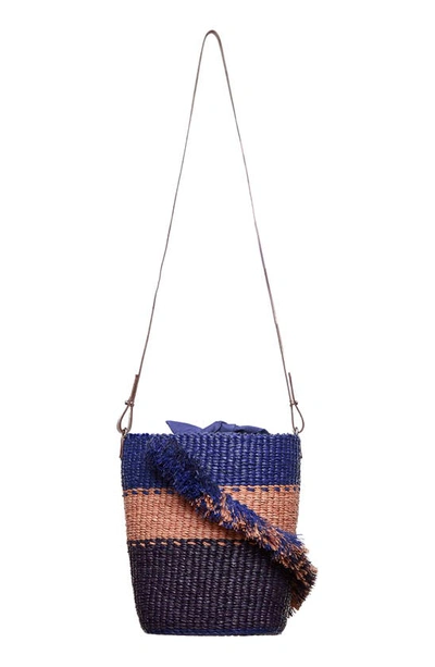 A A K S Lamé Ruffle Raffia Woven Shoulder Bag In Purple/ Pale Pink/ Navy