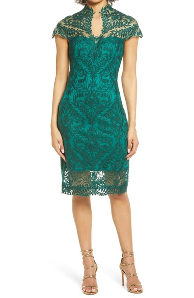 Tadashi Shoji High Neck Cap Sleeve Fitted Lace Dress In Green