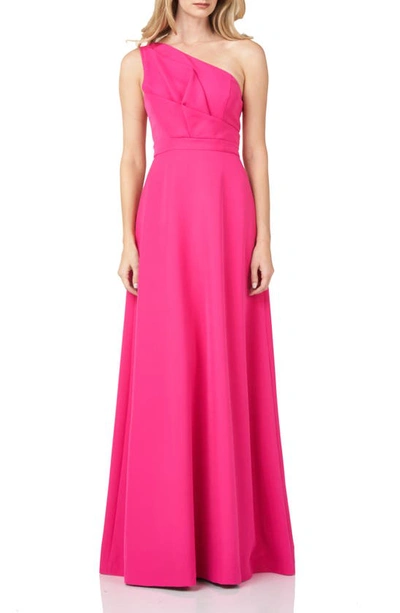 Kay Unger One-shoulder Stretch Crepe Gown In French Rose