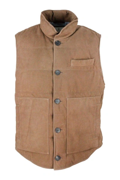 Brunello Cucinelli Nubuck Leather Waistcoat Padded With Real Goose Down In Brown