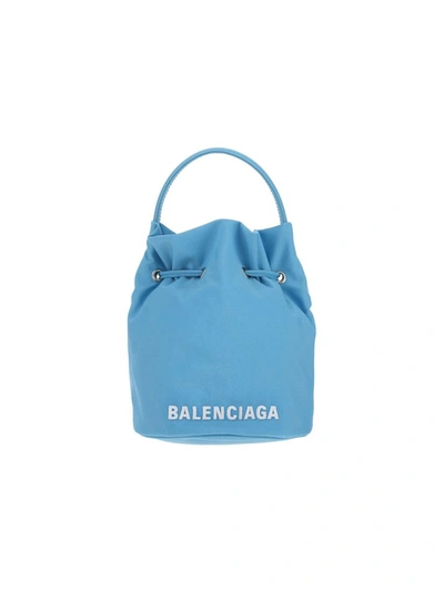 Balenciaga Wheel Nylon Bucket Bag In Light Blue