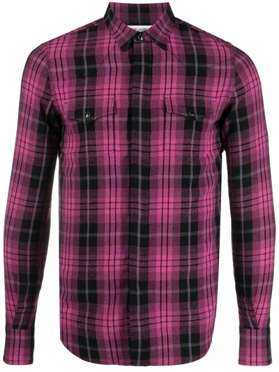 Saint Laurent Slim-fit Checked Woven Western Shirt In Purple