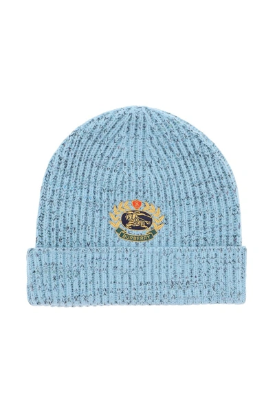Burberry Beanie Hat With Logo Embroidery In Blue Topaz
