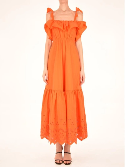 Self-portrait Womens Orange Frill-trim Cotton-poplin Maxi Dress 14