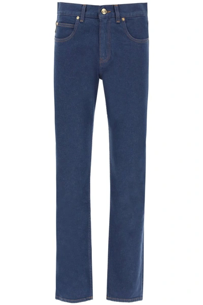 Versace Logo-patch Straight-leg Jeans In Blue