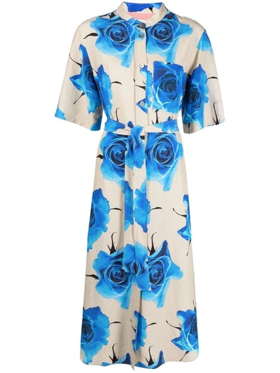 Paul Smith 3/4s Dress W/flowers Printing Belt In Blue