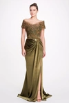 MARCHESA GATHERED SLIT GOWN,MC21FG4802-14