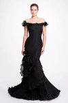 MARCHESA RUFFLED OFF SHOULDER GOWN,MC21FG4810-18