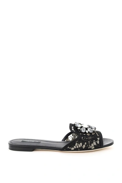 Dolce & Gabbana Embellished Corded Lace And Lizard-effect Leather Slides In Black