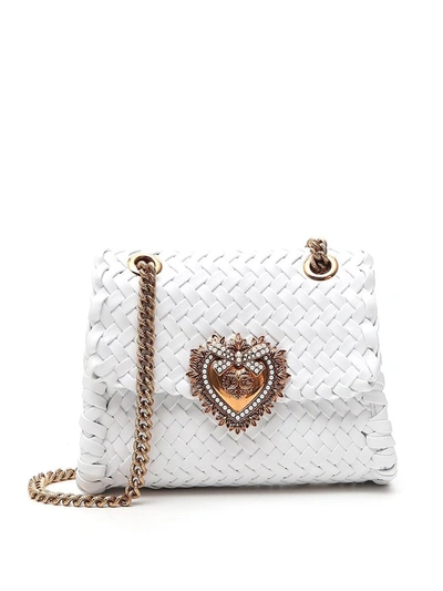 Dolce & Gabbana Devotion Woven Leather Shoulder Bag In White