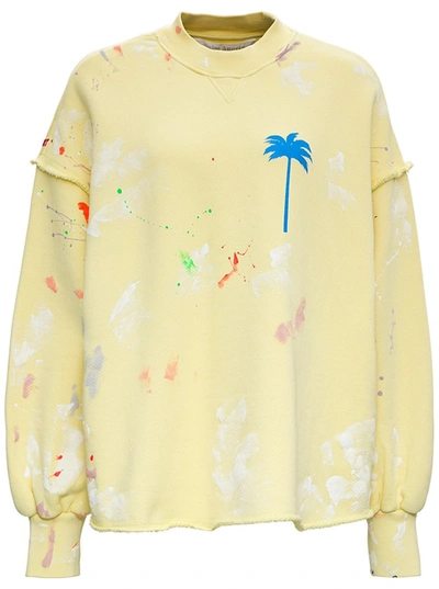 Palm Angels Paint Spatter Oversize Cotton Sweatshirt In Yellow