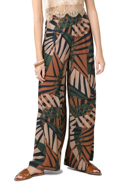 Molly Bracken Frond Print Wide Leg Trousers In Bamboo Brown
