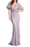 Mac Duggal Butterfly Sleeve Sequin Lace Column Gown In Vintage Lilac