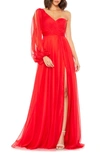 Mac Duggal Flowy One Sleeve Chiffon Gown In Red
